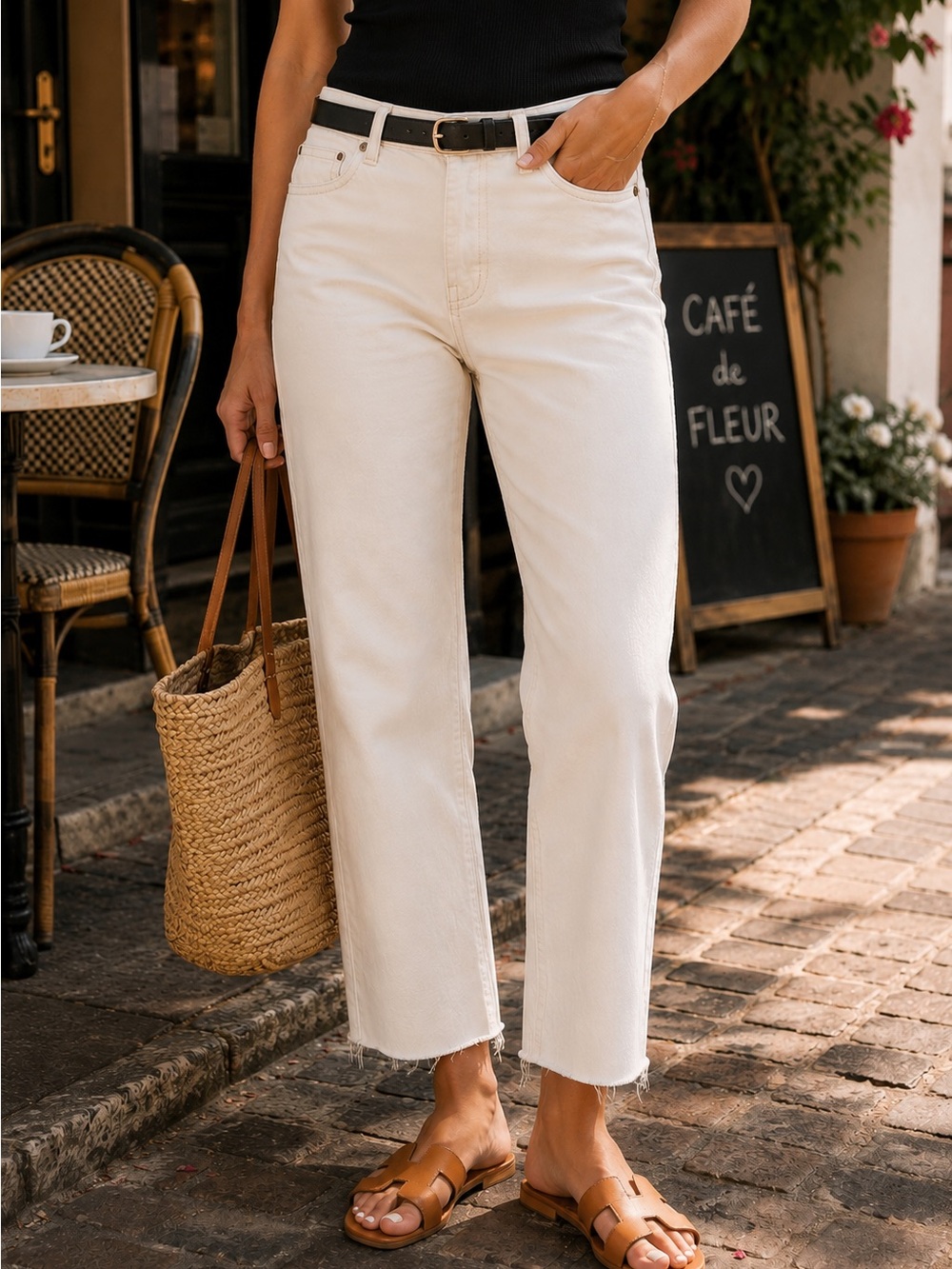 Zara Cream Ivory Cropped Rough Hem Wide Leg Mid-Rise Jeans Size 4